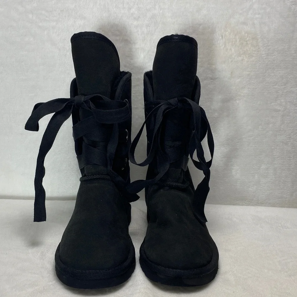 UGG Australia Black‎ Suede Sheepskin Boots Sherpa Lace Up Women Size 7